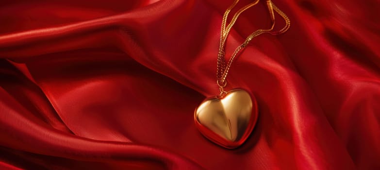 Gold heart pendant gracefully rests on rich red satin fabric, creating a luxurious and romantic vibe. the soft lighting highlights the elegance, perfect for valentine's designs and promotional materials.