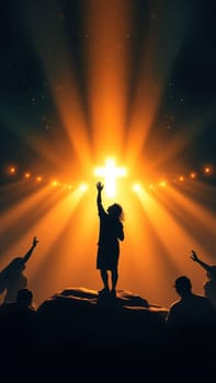 Silhouette of a group of people raising their hands to a glowing cross in the sky, symbolizing faith, hope, and spiritual guidance