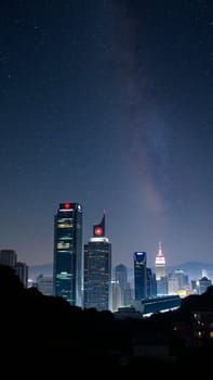 Bright milky way over a modern city with tall skyscrapers, twinkling lights, and a captivating blend of urban architecture and celestial beauty