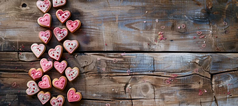 Heart-shaped cookies with pink and red icing arranged on a rustic wooden table, creating a playful valentine's day flat lay. the festive design leaves space for text, perfect for holiday cards, posters, or social media posts.