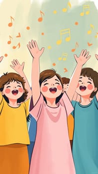 Children are happily singing together with their arms raised, surrounded by musical notes, enjoying a joyful and harmonious moment