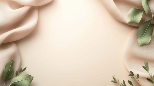 soft vintage parchment texture with delicate fabric drapes and green leaves creates serene and elegant backdrop, perfect for various design projects.