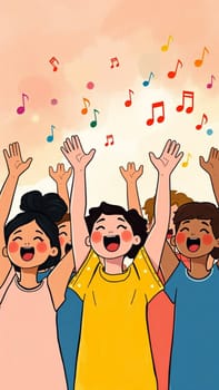 Illustration of a group of children singing with their hands raised, surrounded by colorful musical notes on a soft colored background