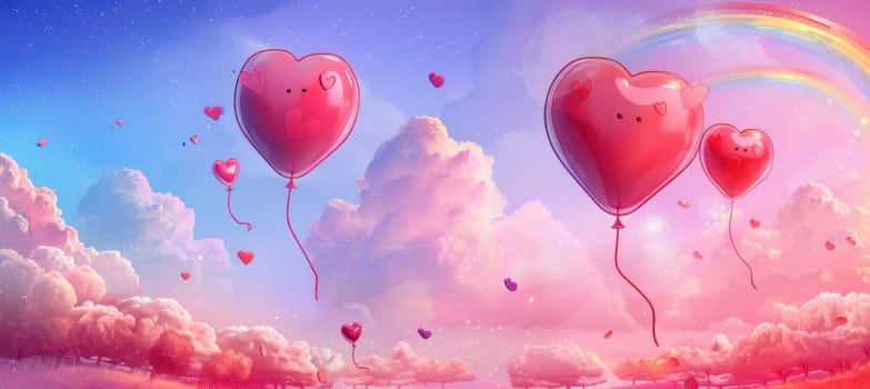 Vibrant cartoon-style heart-shaped balloons float in a dreamy sky, surrounded by rainbows and smiling clouds. this playful valentine's day scene offers ample space for personalized text, ideal for festive designs.