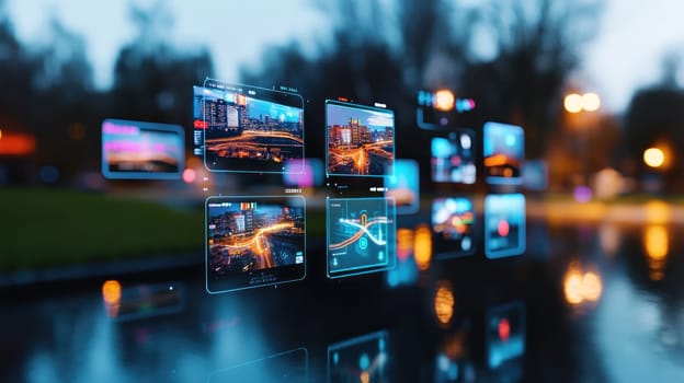 Futuristic cityscape with holographic displays showcasing urban landscapes and data visualizations, creating vibrant and dynamic atmosphere.