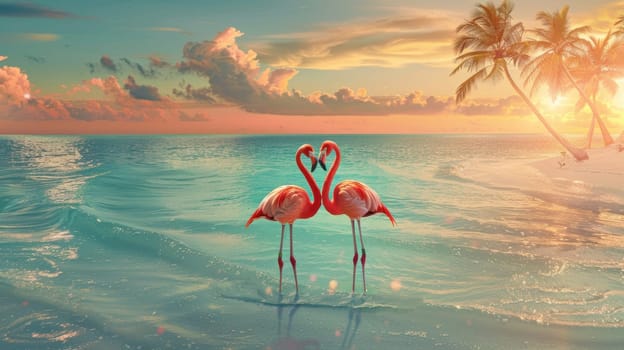 Flamingos form a heart with their necks in turquoise water, framed by a sunset sky and palm trees. perfect for a tropical-themed valentine's day greeting card, evoking warmth and romance in an exotic setting.