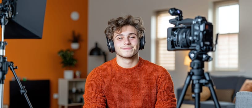 young man is livestreaming from stylish apartment, wearing headphones and smiling confidently. modern setting features vibrant orange wall and professional equipment, creating engaging atmosphere.