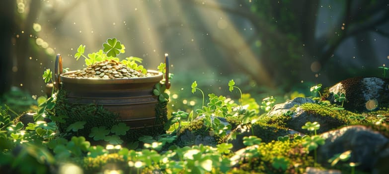 A mystical scene featuring a pot of gold nestled among lush green clover patches in a sun-dappled forest. sunlight filters through the trees, enhancing the magical atmosphere, symbolizing luck and prosperity.