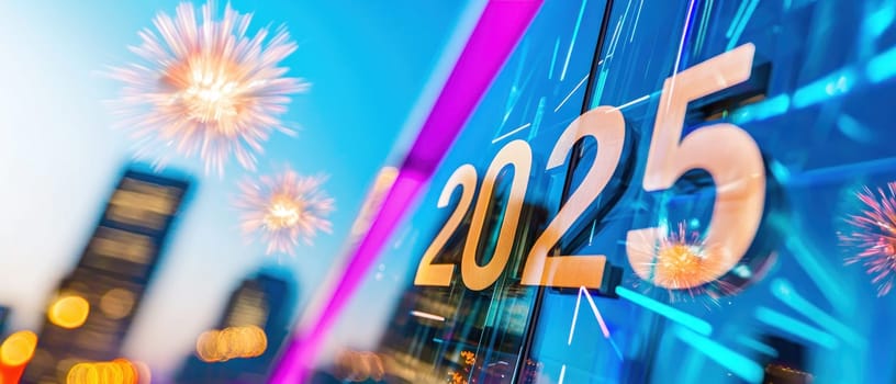 vibrant city skyline celebrates arrival of 2025 with colorful fireworks illuminating night sky, creating festive atmosphere filled with excitement and hope.