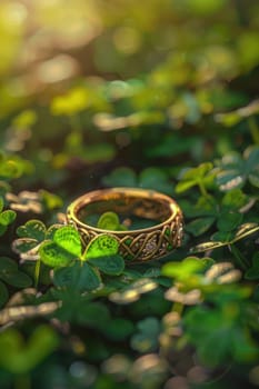 A photorealistic st. patrick's day card showcases a traditional irish ring with intricate celtic designs nestled amid vibrant clovers. the soft lighting enhances the luxurious and timeless elegance of the scene.