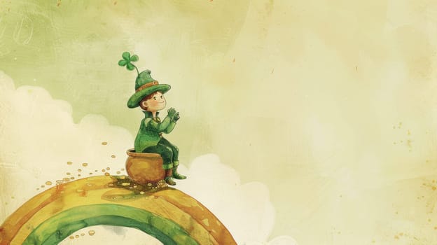 Vintage-inspired st. patrick's day card featuring a hand-drawn leprechaun on a pot of gold atop a rainbow. muted green and gold tones create a nostalgic feel, perfect for holiday greetings and festive decor.