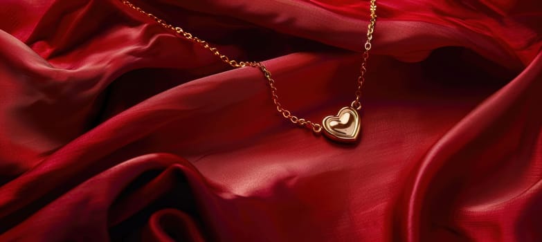Gold heart-shaped necklace elegantly rests on deep red silk fabric, enhanced by soft lighting. luxurious textures create a romantic feel, ideal for valentine's day promotions, leaving ample space for customizable text or design elements.
