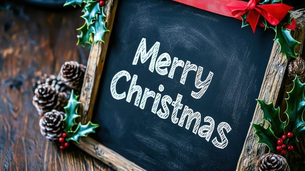 Merry Christmas is beautifully written on rustic chalkboard framed with festive decorations, creating warm and inviting holiday atmosphere.