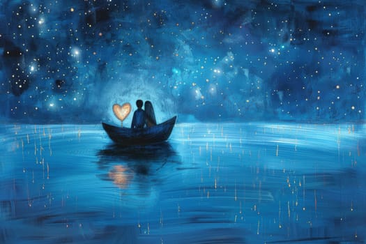 A serene, magical valentine's scene featuring a couple in a heart-shaped boat on a tranquil lake, set against a starry night sky. the setting evokes romance and tranquility, perfect for greeting cards or romantic designs.