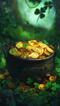 Pot filled with gleaming gold coins surrounded by lush green clovers, symbolizing prosperity and good fortune. ideal for st. patrick's day themes, irish traditions and festive charm.
