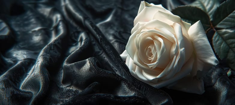 A white rose elegantly rests on black velvet, subtly highlighted by soft lighting to emphasize its delicate petals. this luxurious and sophisticated setting is ideal for valentine’s day themes, leaving space for text or design elements.