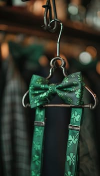 Green bow tie and suspenders adorned with shamrock patterns, hanging on a hook. perfect for adding a touch of festive style to st. patrick's day celebrations, emphasizing elegance and holiday spirit.