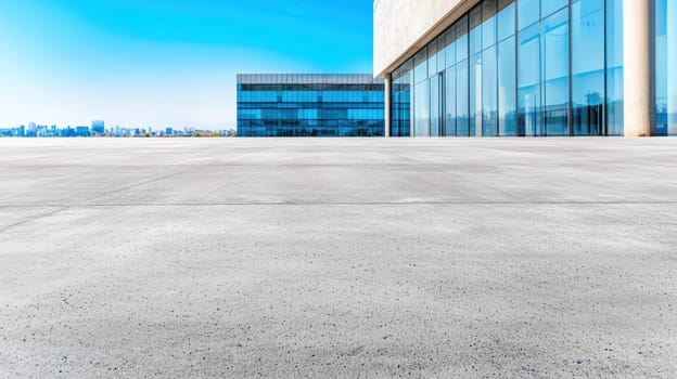 realistic photograph of empty concrete surface with modern building backdrop.