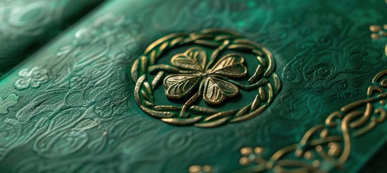 St. patrick's day card featuring a sophisticated celtic knot design in gold encircling a four leaf clover, set against a rich emerald green background. ideal for festive designs and celebratory projects.