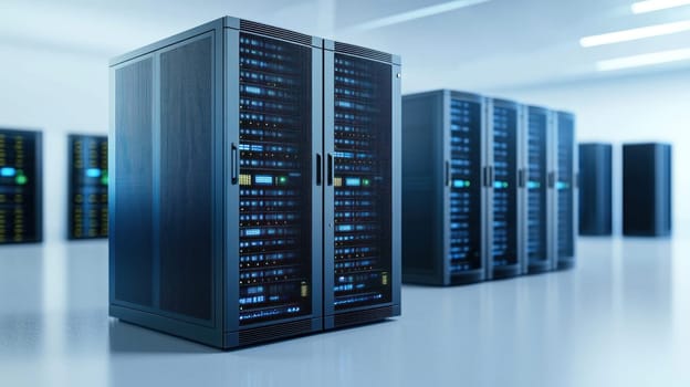 High tech server setup with multiple racks displaying illuminated servers in modern data center environment. sleek design and organized layout convey efficiency and advanced technology.