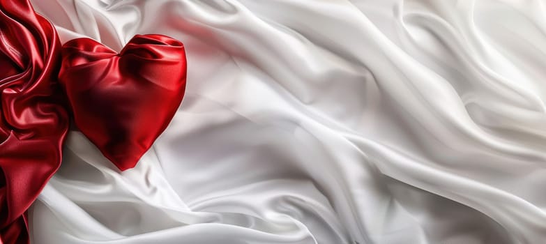A luxurious valentine's day banner showcasing a red satin ribbon heart on a flowing white silk background. the soft lighting enhances the elegance and warmth, creating a romantic and sophisticated atmosphere.