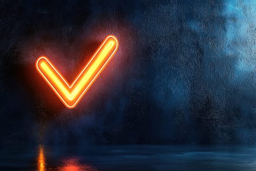 Neon style orange checkmark glowing on dark background, creating vibrant atmosphere.