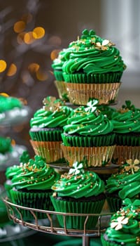 A vibrant display of a st. patrick's day cupcake tower adorned with green frosting, gold sprinkles, and mini shamrock decorations. the festive arrangement sets a joyous atmosphere, ideal for party gatherings.