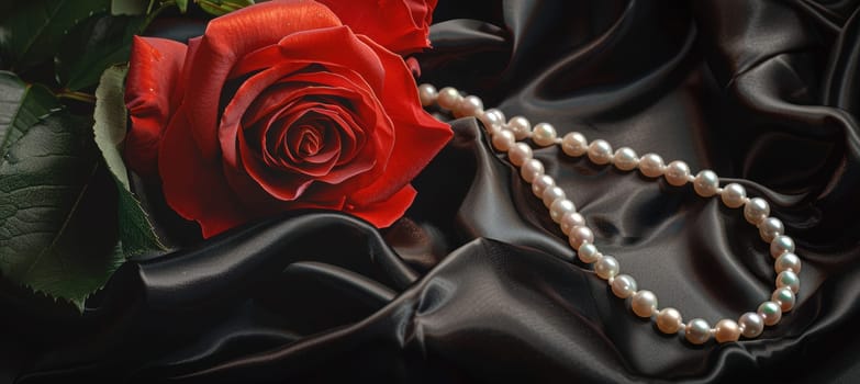 Romantic valentine's day banner featuring a close-up of a pearl necklace and vibrant red rose on a rich black satin background. soft lighting enhances the luxurious and intimate atmosphere, ideal for card or poster design.