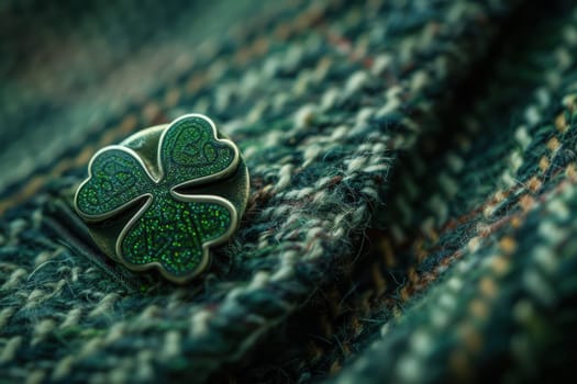 Close-up of a green irish shamrock pin on textured tweed fabric, enhanced by soft lighting. highlights irish heritage and the festive spirit of st. patrick's day, ideal for themed designs and celebrations.