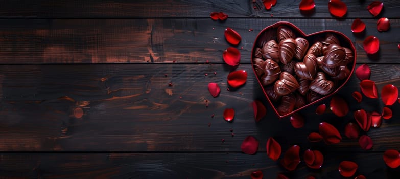 Heart-shaped box filled with luxury chocolates surrounded by red rose petals on a dark wooden surface. this elegant design embodies romance, perfect for valentine's day celebrations and romantic-themed projects.