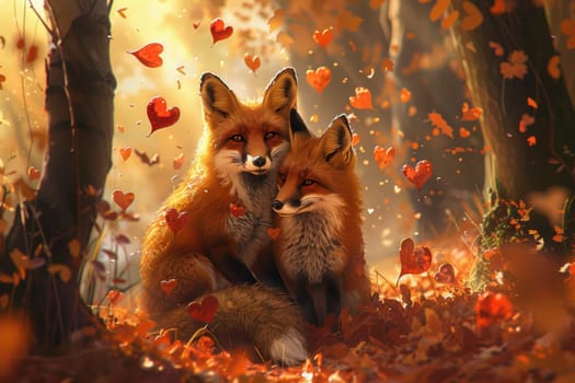 A charming valentine's day card features two foxes nestled together in a warm, autumn forest. heart-shaped leaves fall around them, adding a romantic and enchanting atmosphere with vivid autumn hues.