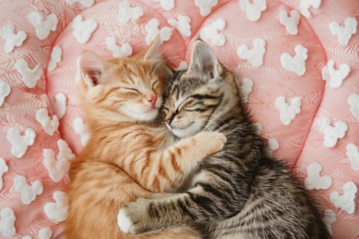Two adorable cats cuddle on a pink background with their tails forming a heart, embodying a playful valentine's day theme. the scene is accented by pink paw prints and heart motifs, perfect for a greeting card design.