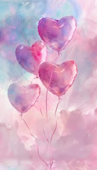 Heart-shaped balloons gently float in a dreamy pastel sky, illustrating a whimsical valentine's day theme. the watercolor style combines soft pinks, purples, and blues, creating a delicate, romantic atmosphere perfect for greeting cards.