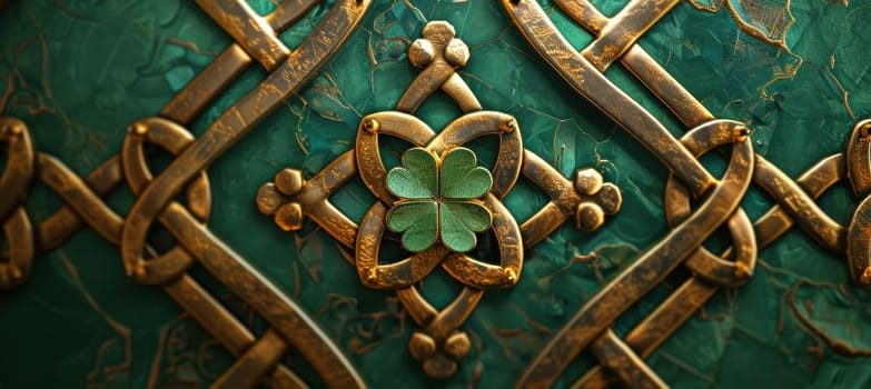 A sophisticated st. patrick's day card featuring an intricate golden celtic knot pattern adorned with a central green shamrock. the deep emerald green background enhances the card's luxurious appeal.