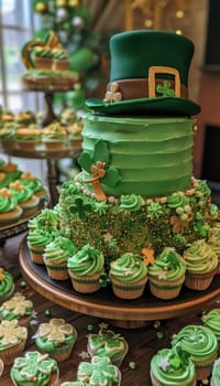 Lively st. patrick's day dessert setup featuring a centerpiece leprechaun hat cake, surrounded by cupcakes with green frosting and shamrock-shaped cookies, creating a festive party atmosphere.