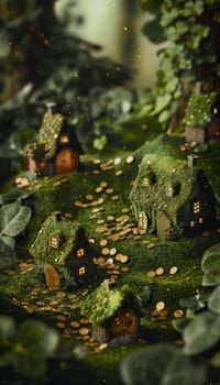 Whimsical leprechaun houses nestled among lush green clover, scattered gold coins glimmering on the ground. this enchanting scene embodies the magic and charm of st. patrick’s day, perfect for decorations or festive artwork.