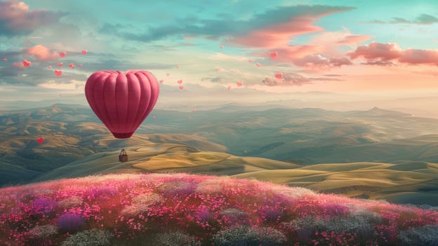 Heart-shaped hot air balloon drifts over a dreamy landscape with rolling hills and colorful flower fields, evoking romance and adventure. the pastel sky adds a serene backdrop to this romantic valentine's day scene.