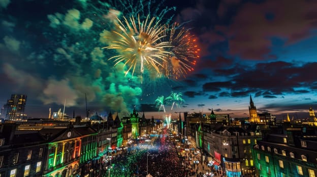 Vibrant fireworks illuminate the night sky during a st. patrick's day celebration in a bustling city. iconic buildings glow in green, and crowds of people fill the streets below, capturing the festive spirit of the holiday.