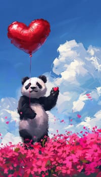 Charming cartoon-style illustration of a panda holding a red heart-shaped balloon amidst vibrant pink flowers and a bright blue sky, ideal for valentine's day greeting cards and playful, romantic designs.