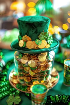 Green leprechaun hat adorned with shamrocks and filled with gold coins, surrounded by st. patrick's day decorations like green beads and party favors, creating a festive atmosphere perfect for celebrations.
