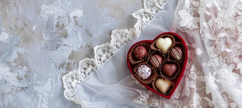 Valentine's day theme featuring a red velvet heart-shaped box filled with assorted chocolates, elegantly placed on a white lace tablecloth. the classic setup offers space for text, ideal for designs and print use.