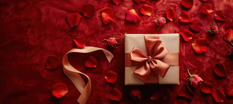 Luxury gift box adorned with a satin ribbon nestled on rich red velvet. scattered rose petals add an elegant, romantic touch, ideal for valentine's day-themed designs and romantic occasion marketing materials.