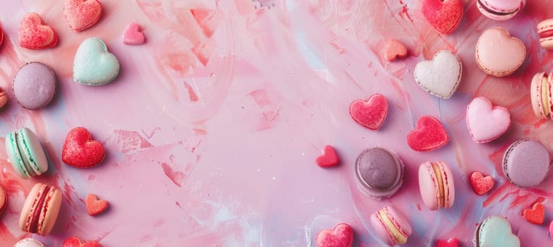 Colorful macarons shaped as hearts arranged on a pastel background create a festive valentine's day banner. soft lighting enhances the playful and sweet aesthetic, making it perfect for cards, posters, and other print designs.