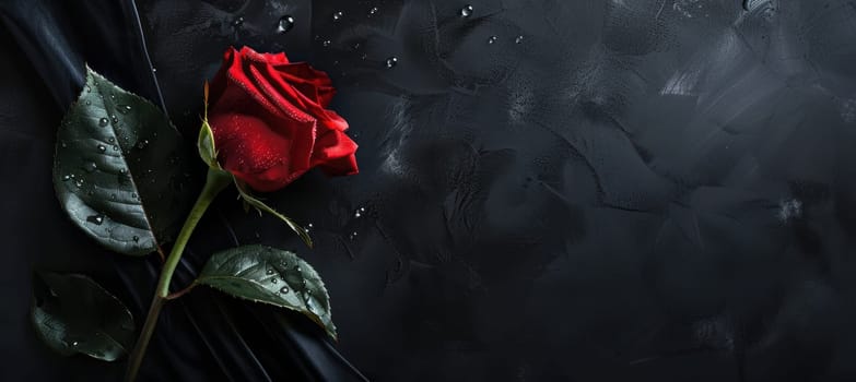 Red rose with dewdrops on a black velvet background, elegantly lit for a luxurious and romantic feel. the composition allows space for text, ideal for valentine's day greetings or decorative designs.