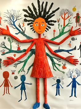 Vibrant illustration of mother nature spreading love and protection over earth, conveying hope and unity for environmental conservation. Bold colors symbolize connection between humans and nature