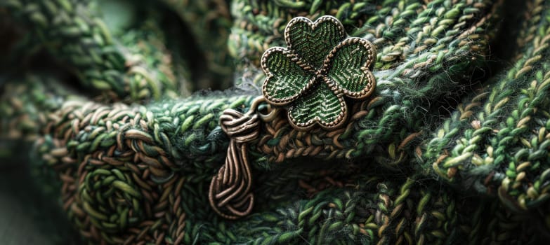 Traditional irish clover brooch with celtic designs pinned to a wool scarf. subtle green tones highlight its intricate craftsmanship, ideal for st. patrick's day attire or cultural fashion statements.