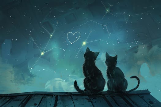 Two cats gaze at a heart-shaped constellation in the starry night sky from a rooftop. the enchanting scene combines whimsy and romance with a dreamy blue tone, capturing the essence of valentine's day in a playful and artistic style.