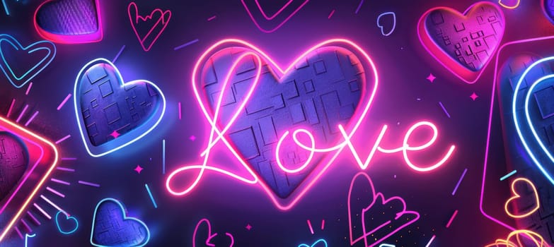 Vibrant valentine's day greeting card inspired by retro 80s aesthetics, featuring neon pink and purple hearts, bold geometric shapes, and a glowing "love" sign. perfect for nostalgic and colorful celebrations.