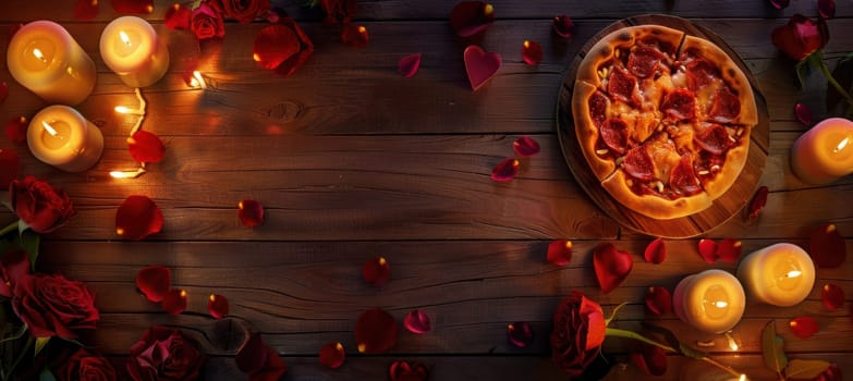 Romantic valentine's day scene featuring a heart-shaped pizza on a wooden table, adorned with candles and rose petals. the warm, cozy atmosphere is perfect for intimate celebrations and leaves space for personalized text.