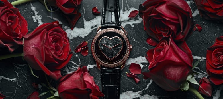 A luxury wristwatch with a heart-shaped engraving sits on a black marble surface, surrounded by vibrant red roses, evoking elegance and romance for valentine's day themed designs and promotions.